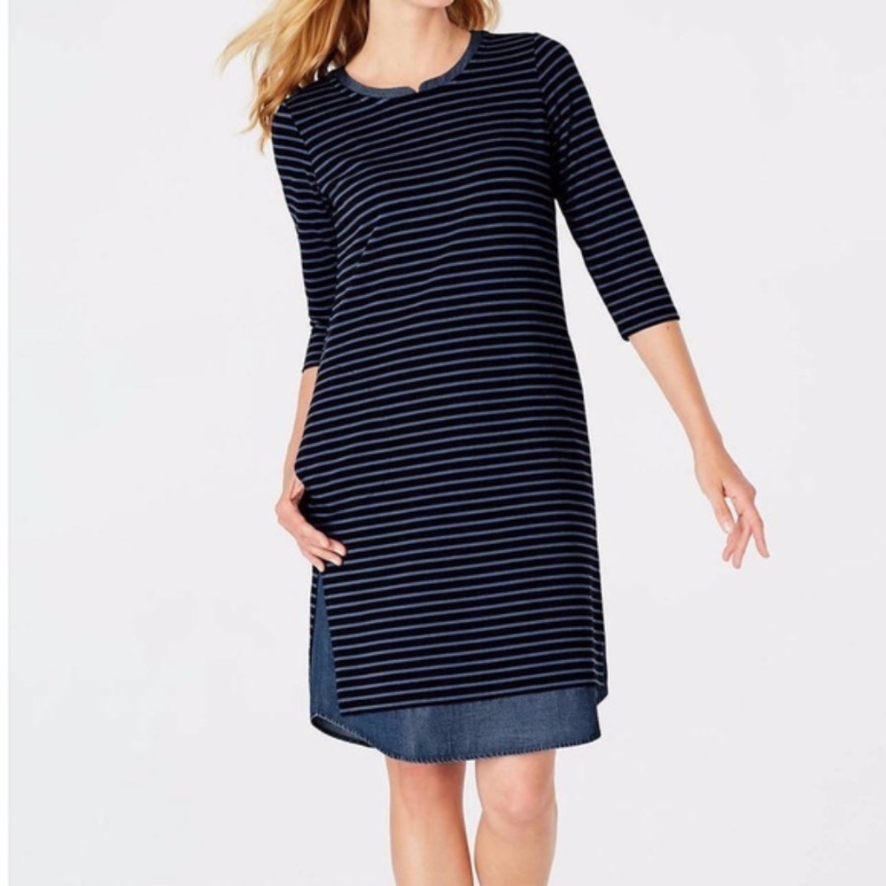 J Jill | Striped Mixed Media Shirttail Dress
